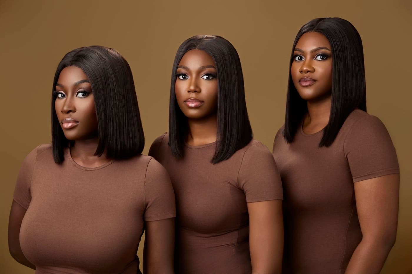 Three women wearing premium bob wigs